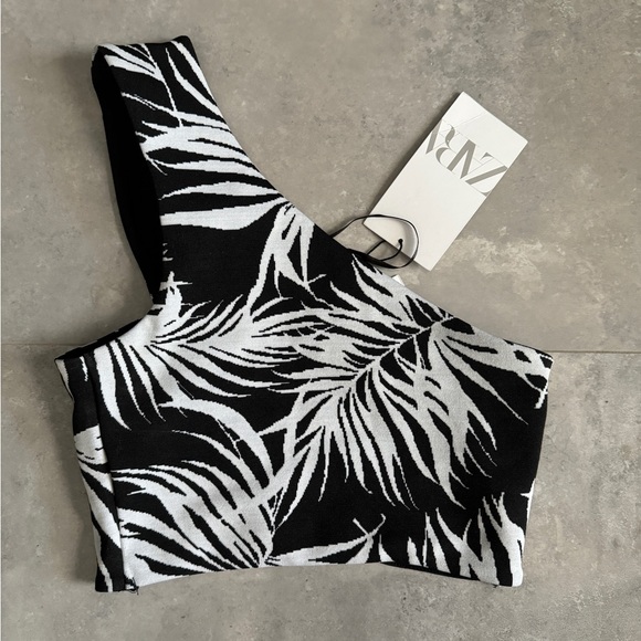 NWT! Zara One Shoulder Palm Print Floral Jacquard Cross Over Crop Top | S - Picture 5 of 8